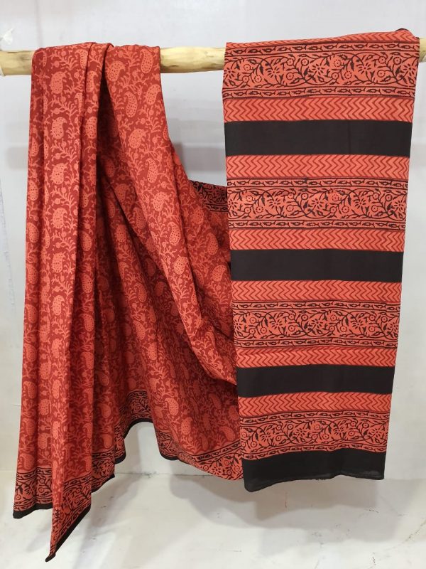 Seal Brown and salmon Cotton mulmul saree with blouse