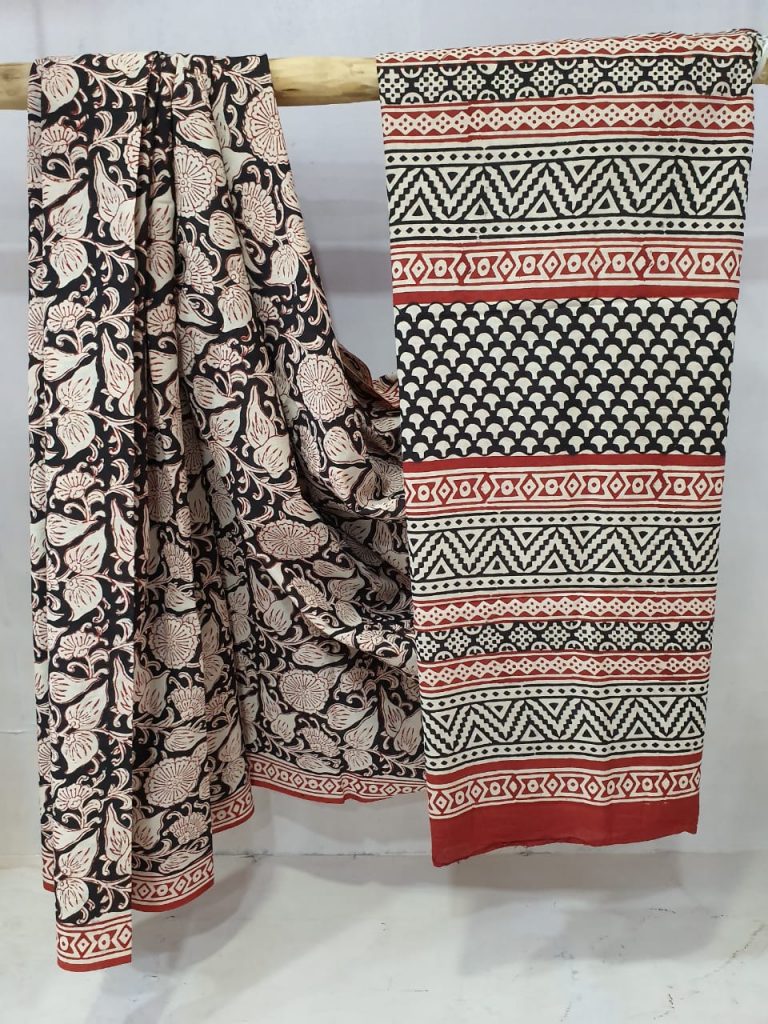 Carmine and Desert sand cotton mulmul saree with blouse