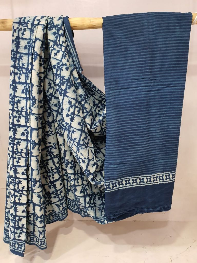 Blue and White cotton mulmul saree for women