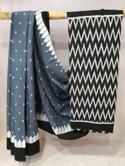 Slate gray and black cotton mulmul saree