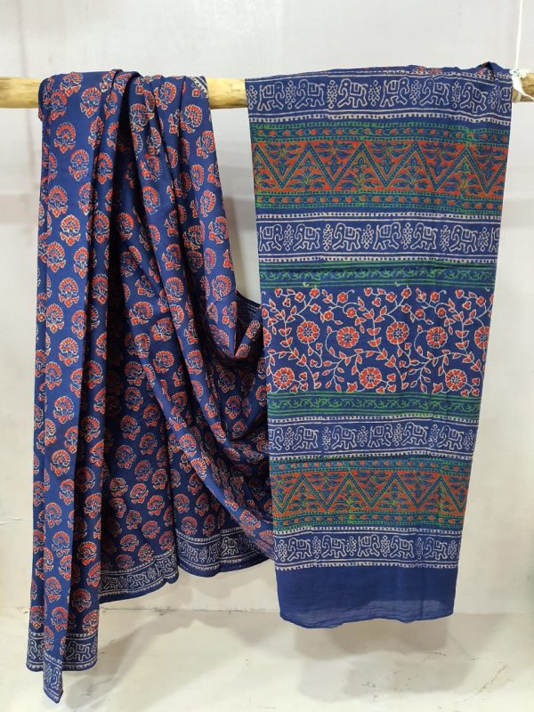 Blue cotton mulmul saree with blouse for women