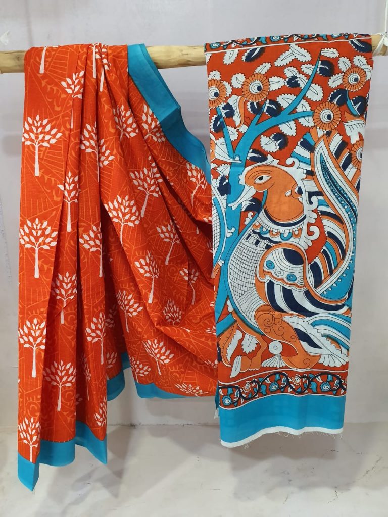 Regular wear Orange and azure Exclusive Cotton saree with blouse