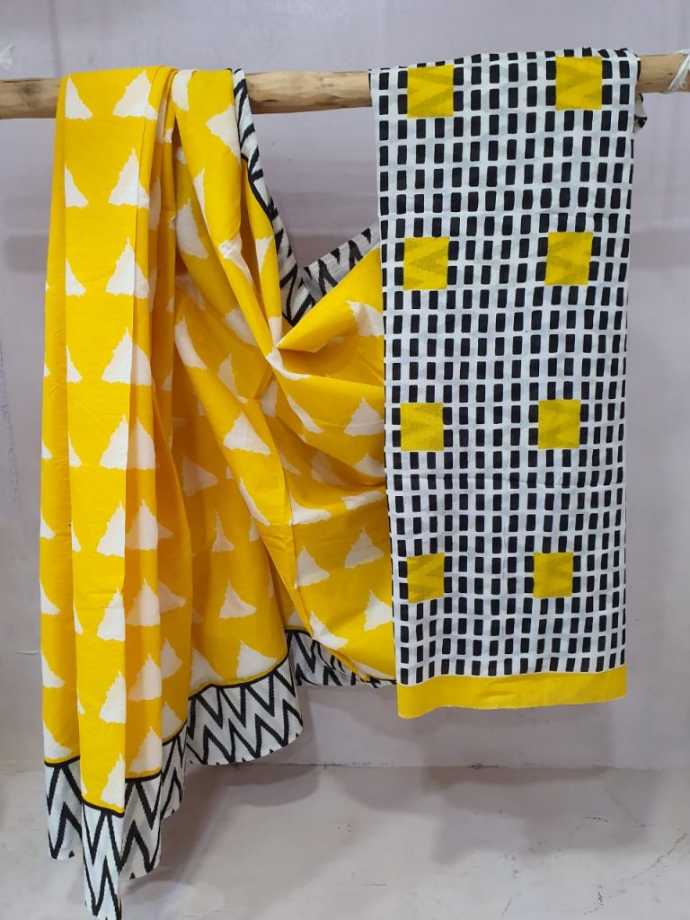 Daily wear Yellow and white Exclusive Cotton saree with blouse