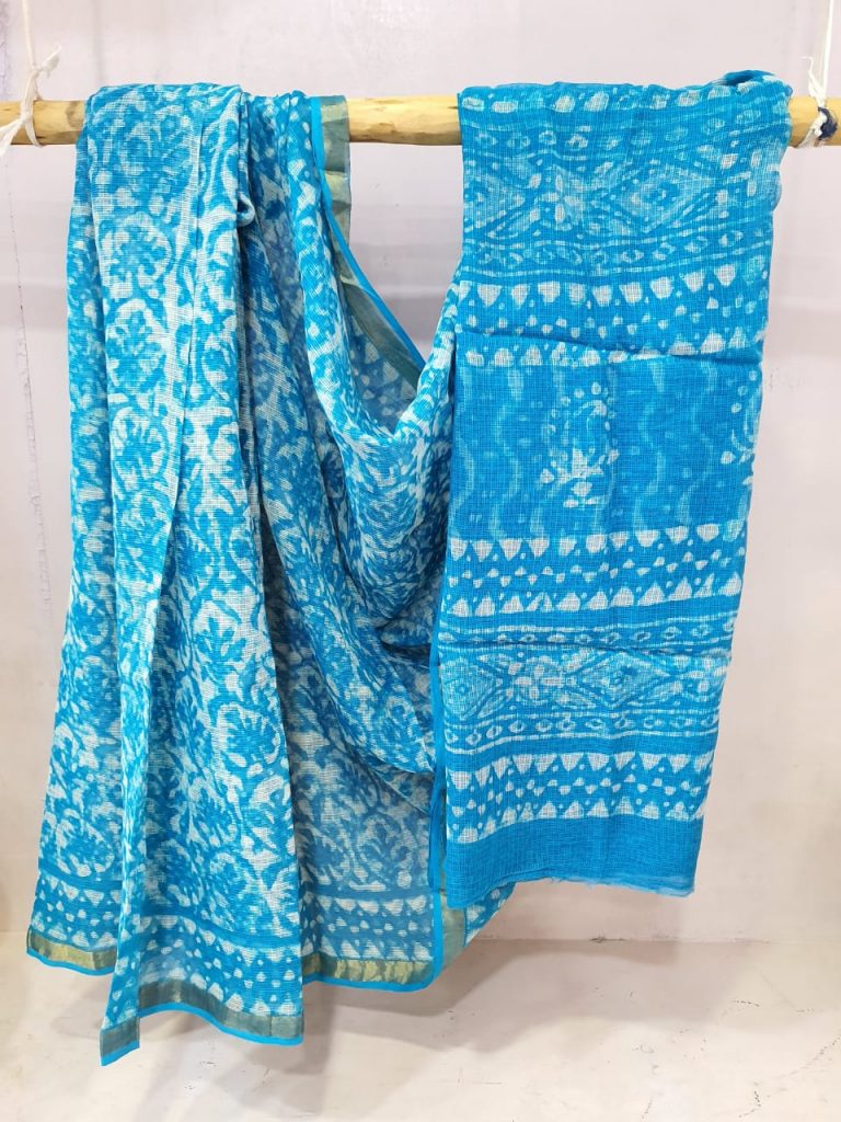Summer wear Cyan color pure kota doria saree with blouse