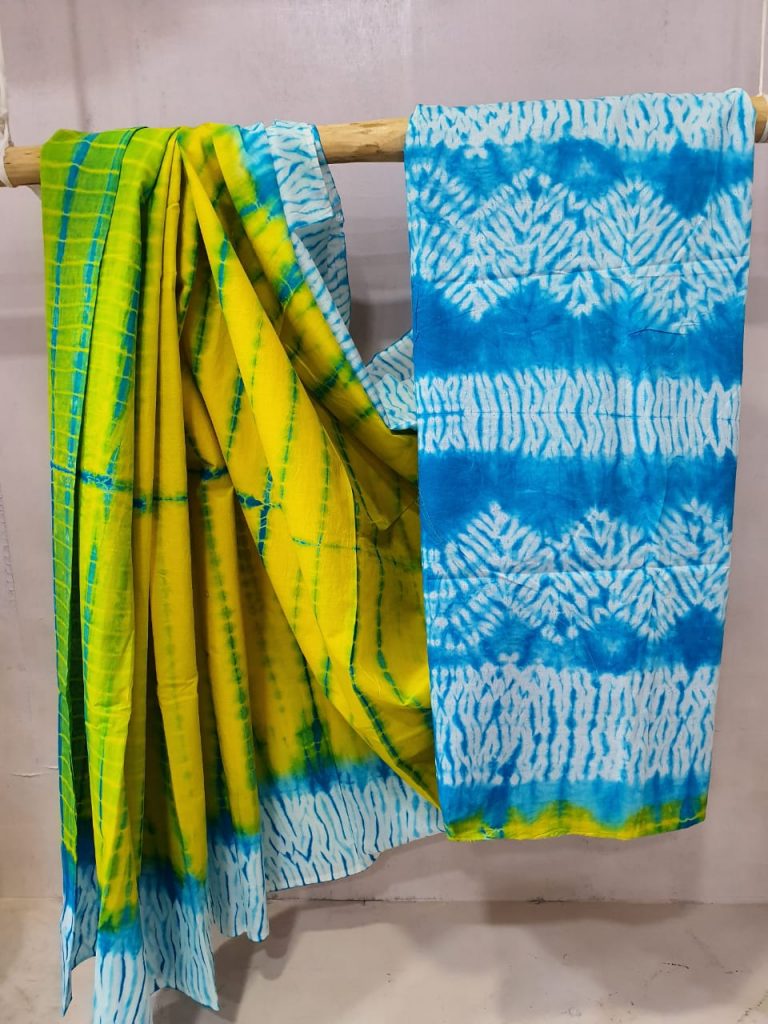 Lemon and Cyan Pure cotton mulmul saree with blouse