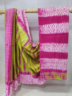 Summer wear Pink and lime Brown cotton mulmul saree