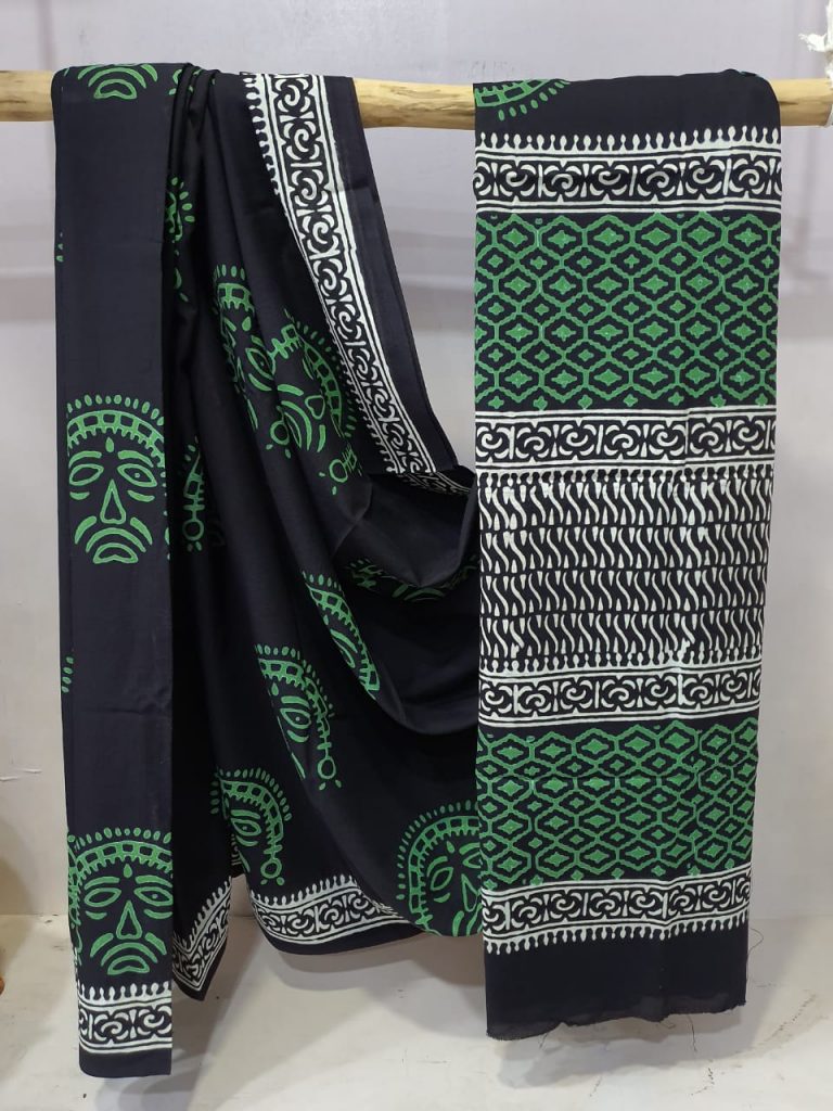 Daily wear Emerald and black cotton mul mul saree with blouse