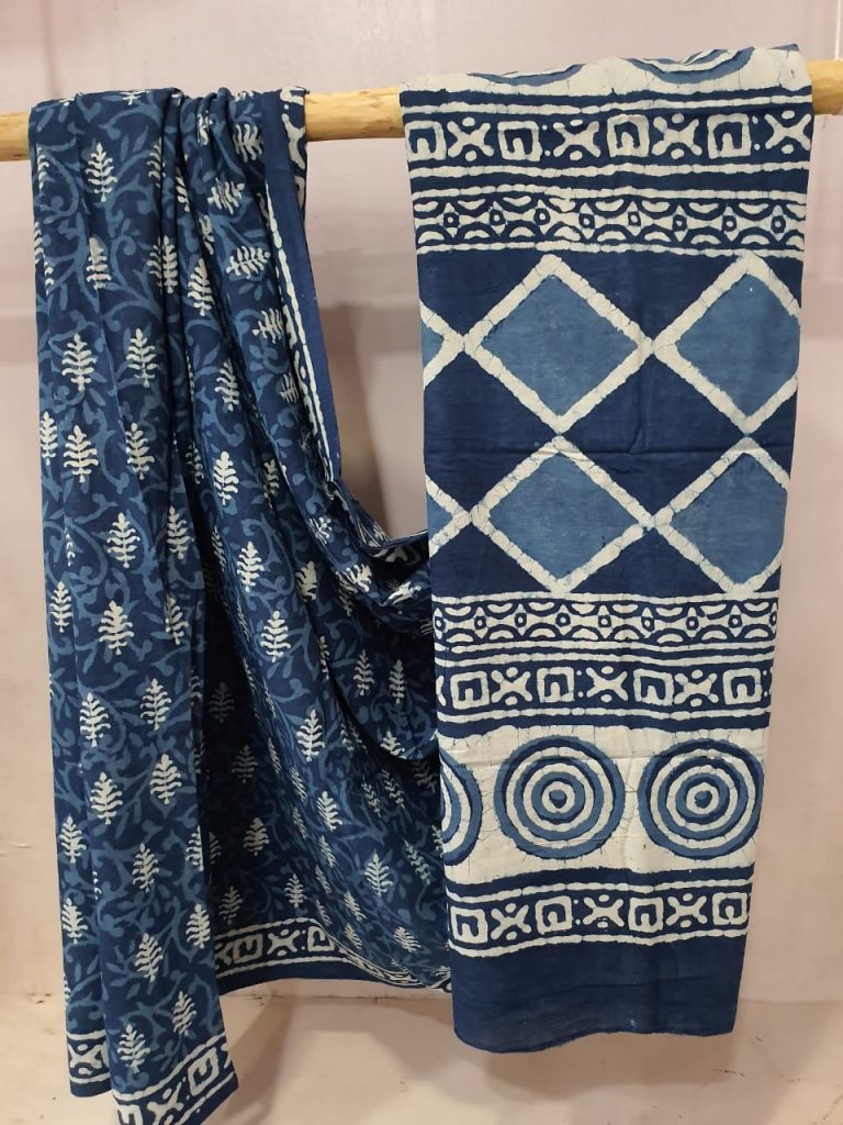 Regular wear Prussian blue and White cotton mul mul saree with blouse