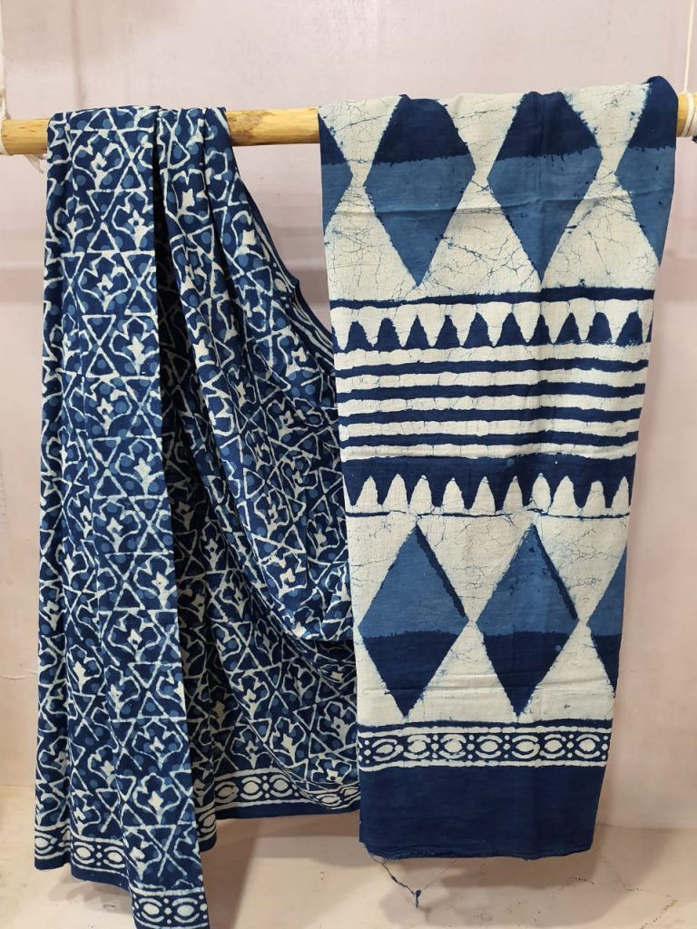 Regular wear Prussian blue and White cotton mal mal saree