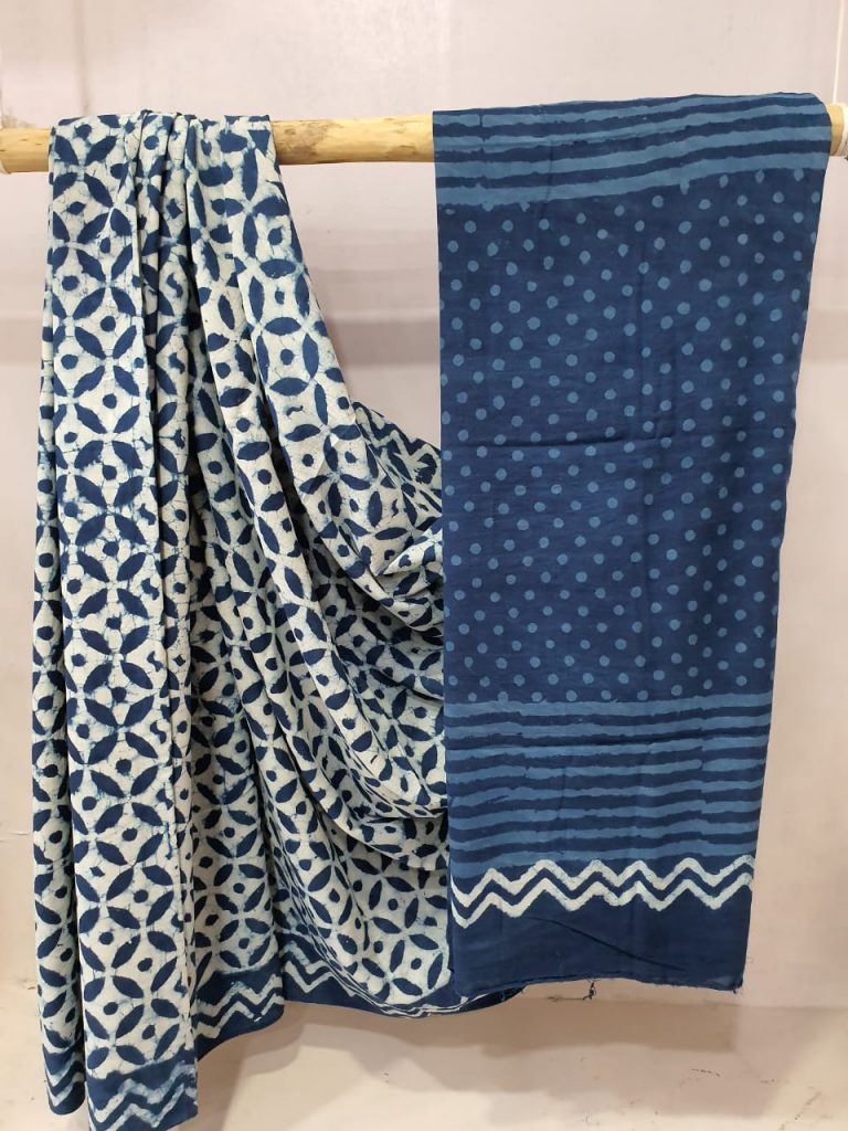 Summer wear Prussian blue and White cotton mulmul saree