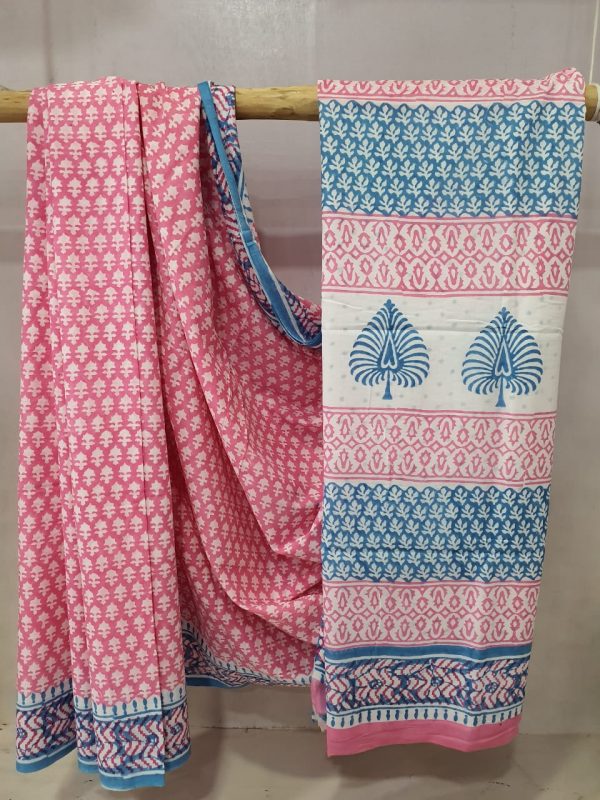 Summer wear Pink and White cotton mulmul saree