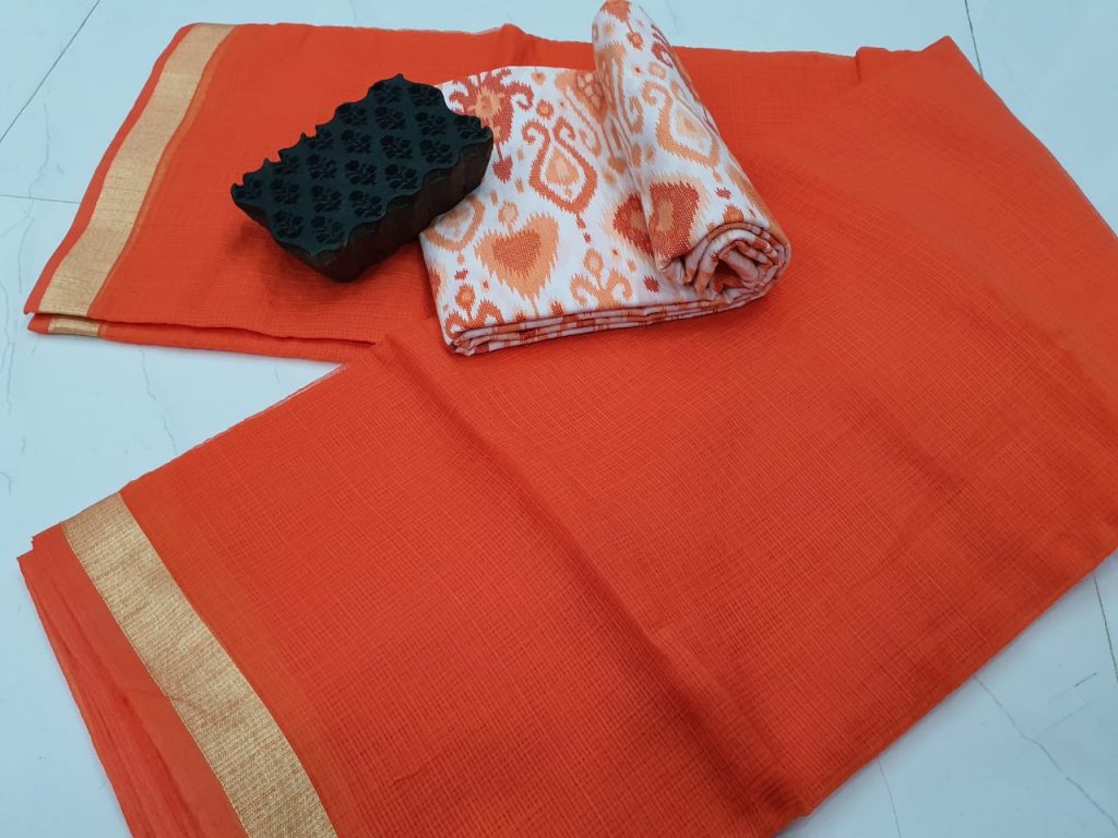 Orange-red and white kota doria saree with blouse