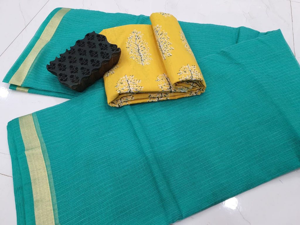 Teal and Yellow kota doria saree with blouse
