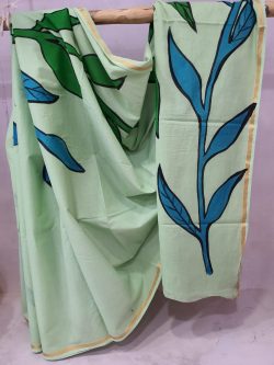 Aquamarine mugal print casual wear zari border cotton saree with blouse