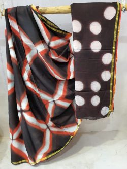 Taupe clamp shibori print casual wear zari border cotton mulmul saree with blouse