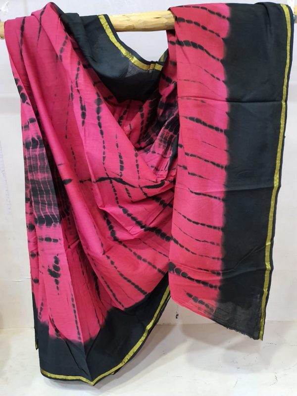 Black rose clamp shibori print casual wear zari border cotton mulmul saree with blouse