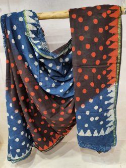 Taupe bagru print casual wear zari border cotton mulmul saree with blouse