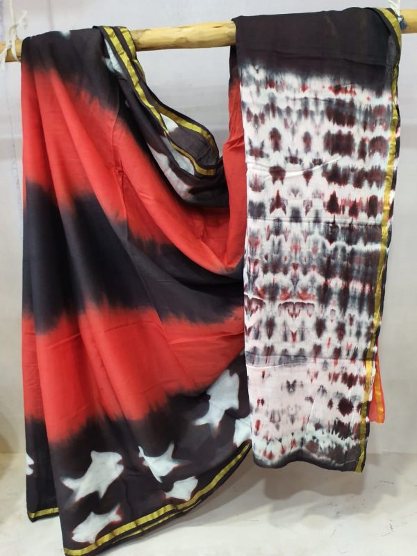 Black red clamp shibori print casual wear zari border cotton mulmul saree with blouse