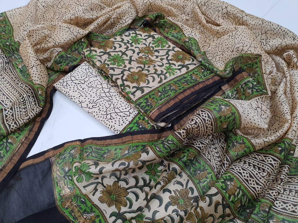 Office wear Traditional Emerald and Beige chanderi suit set