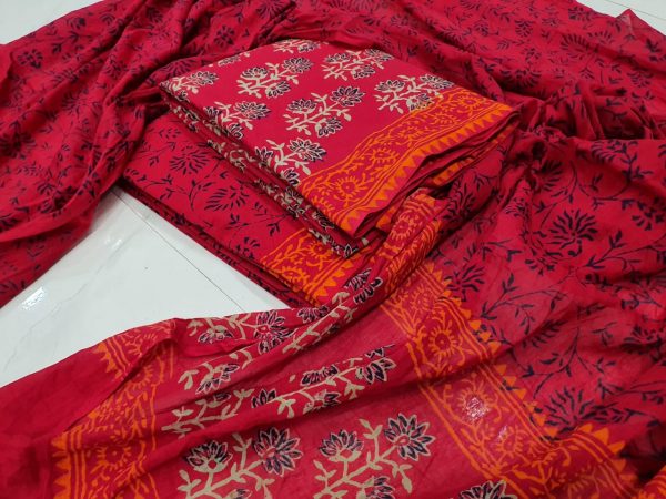 Casual wear Amaranth Cotton salwar kameez set with mulmul dupatta