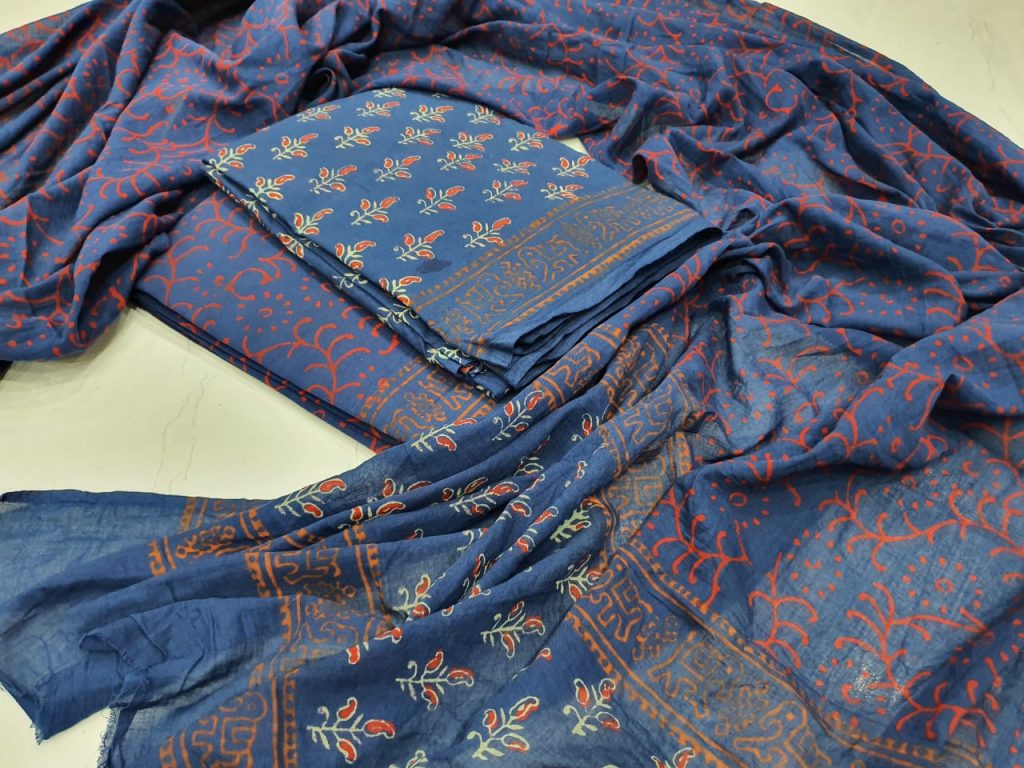 Persian blue Superior quality Cotton salwar suit with mulmul dupatta