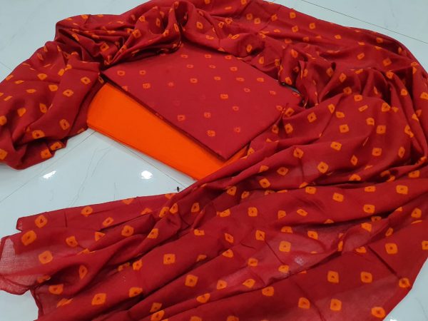 Summer wear Orange-red and Lust Cotton salwar kameez set with mulmul dupatta