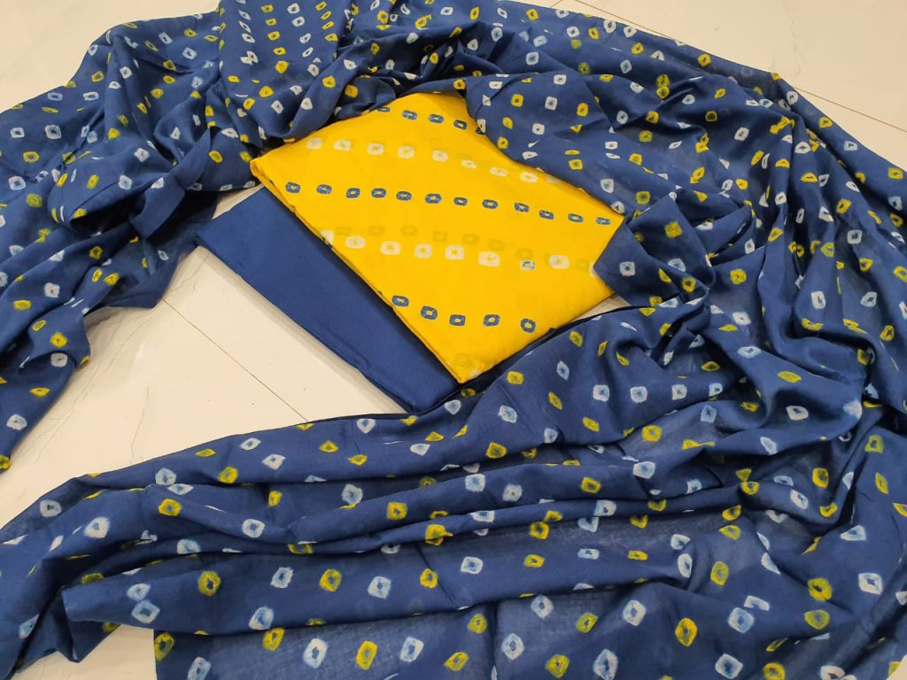 Spanish Cobalt Blue and yellow Traditional Mulmul dupatta suit for ladies