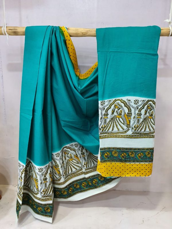 Summer wear Blue-green Superior quality bagru print cotton saree