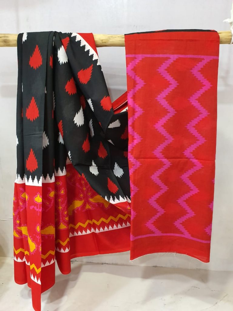 Red and Black Superior quality cotton saree with blouse