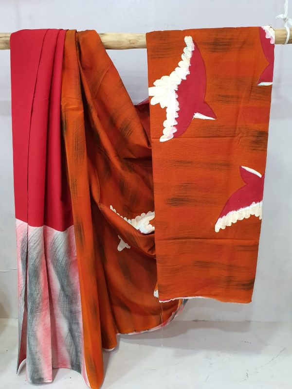 Red orange cotton saree with blouse
