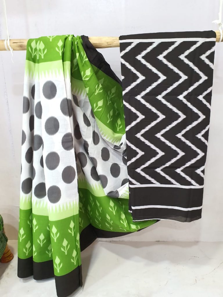 Chartreuse green and White cotton saree with blouse
