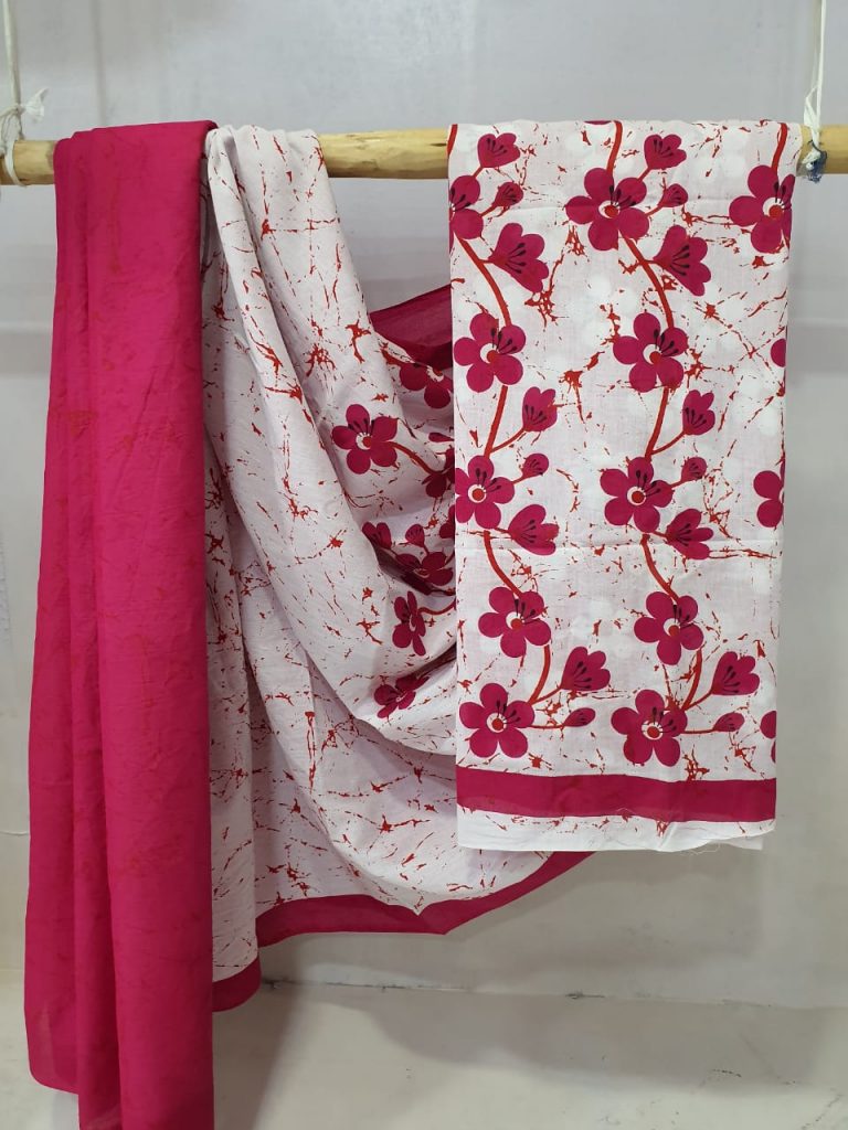 Cerise and White Exclusive Cotton saree with blouse