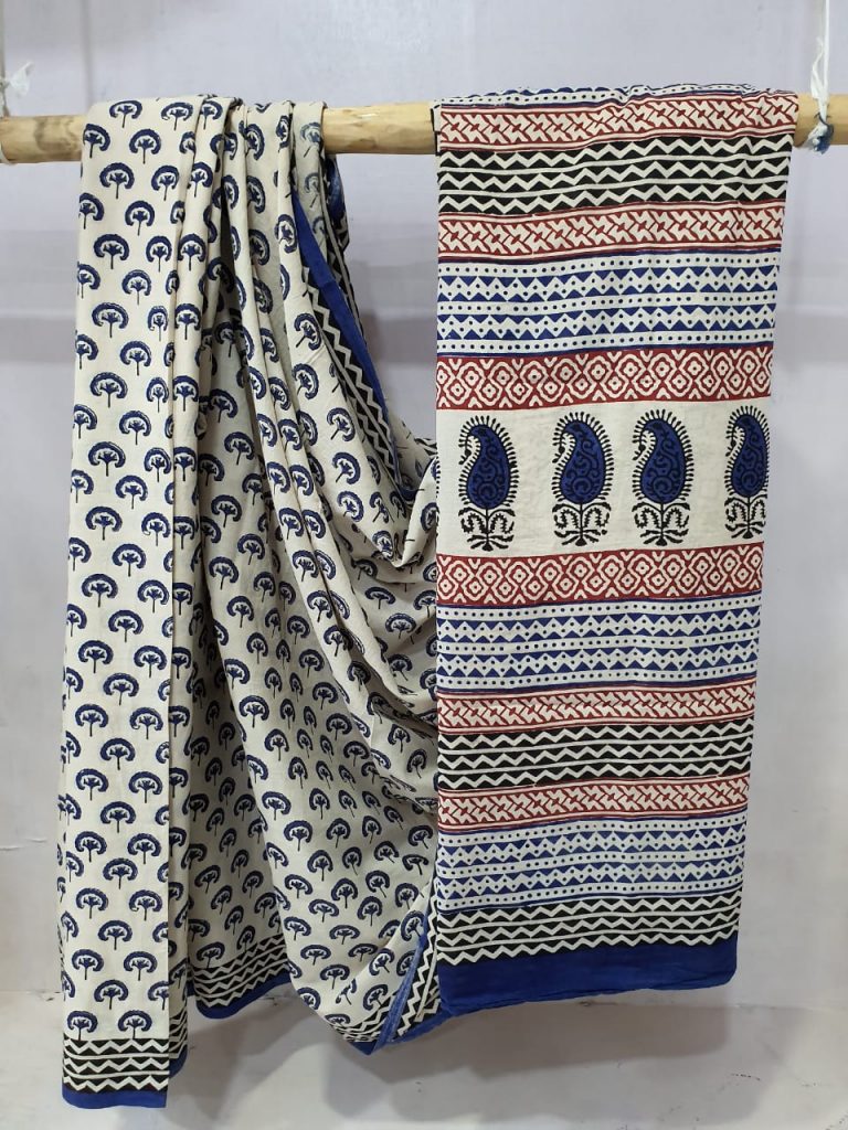 Summer wear Navy blue and Beige cotton saree with blouse