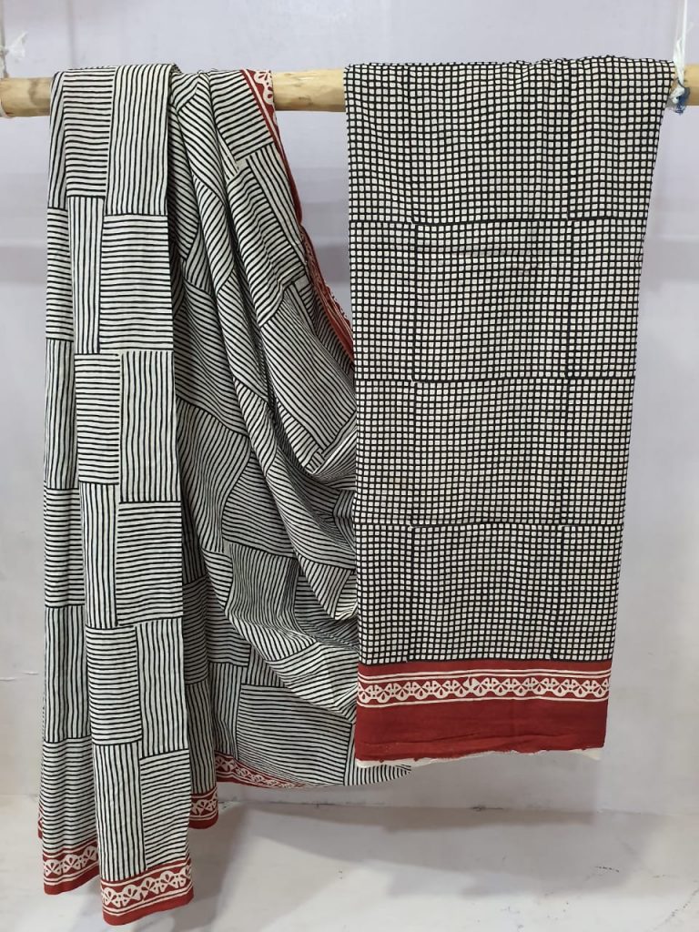 Carmine and silver cotton saree with blouse