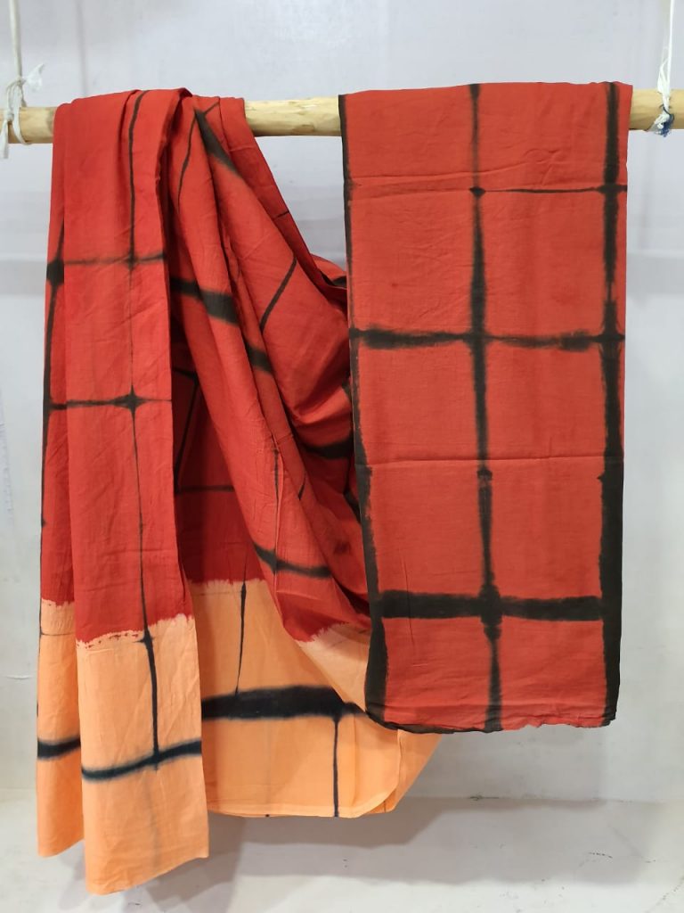 Red half half cotton mulmul saree with black borders
