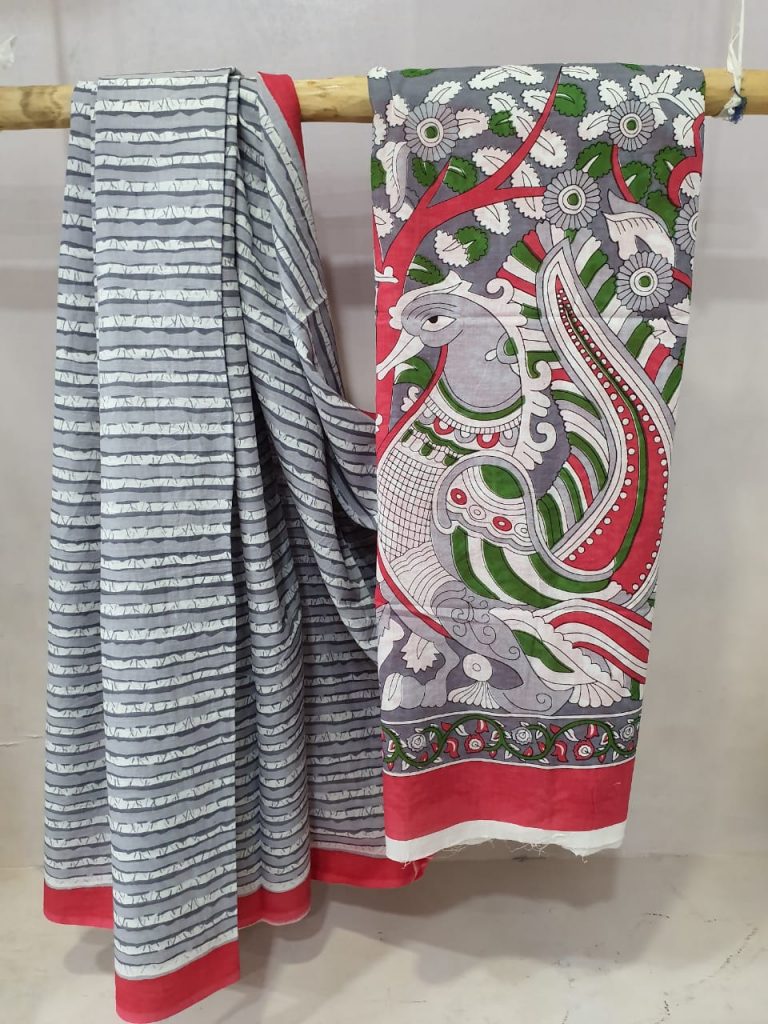 Regular wear Cerise and Gray cotton saree with blouse