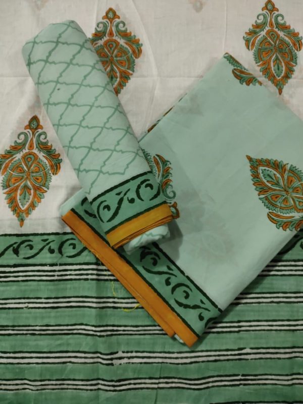 Jungle green and white Traditional Cotton dupatta suit for women