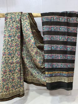 Beige and black Chanderi Silk chanderi saree with blouse