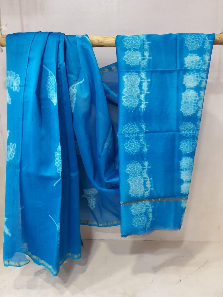 Cyan Chanderi Silk chanderi saree with blouse