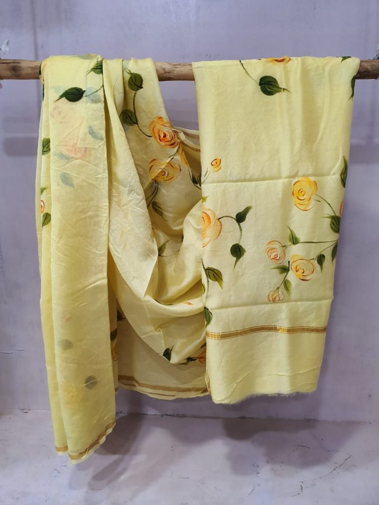 partywear beige yellow hand painted chaneri silk saree with blouse