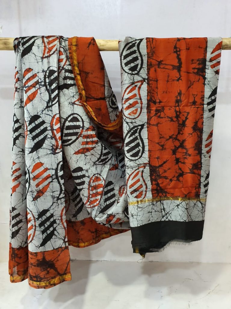 Orange and White chanderi Silk saree with blouse