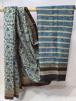 Cerulean and Beige Silk chanderi saree with blouse