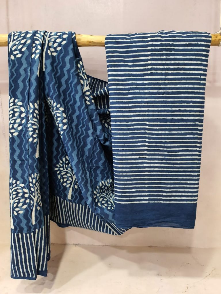 Prussian blue cotton malmal saree for blouse for women