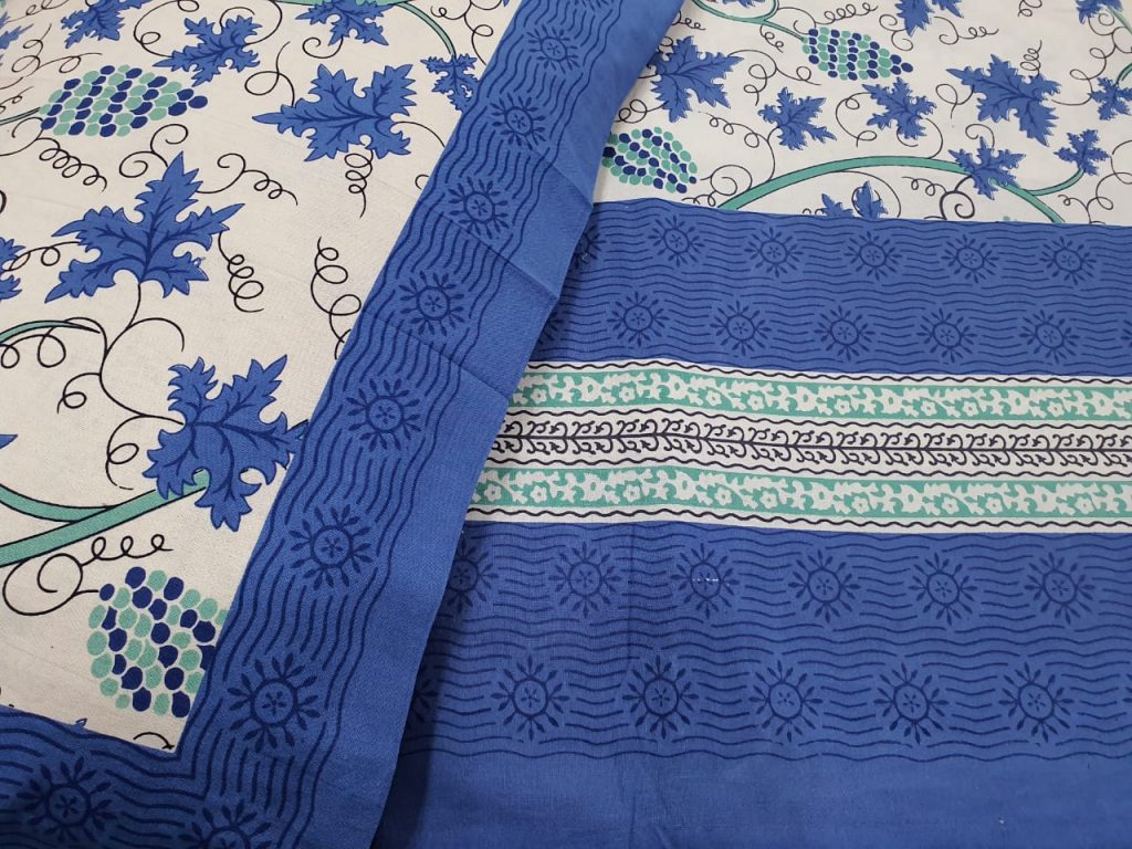 Medium Sapphire and white jaipuri bedsheet with pillow cover