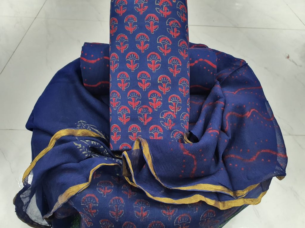 Regular wear Persian blue cotton suit Natural Zari border suit set