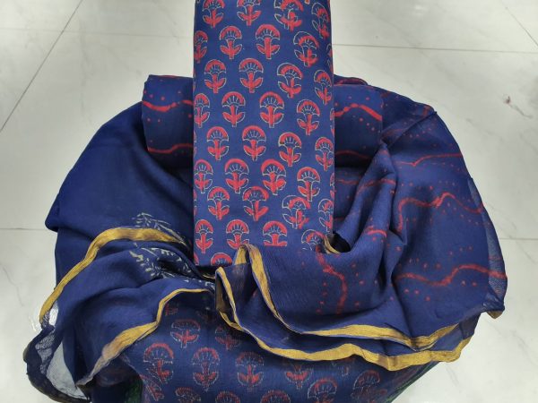 Regular wear Persian blue cotton suit Natural Zari border suit set