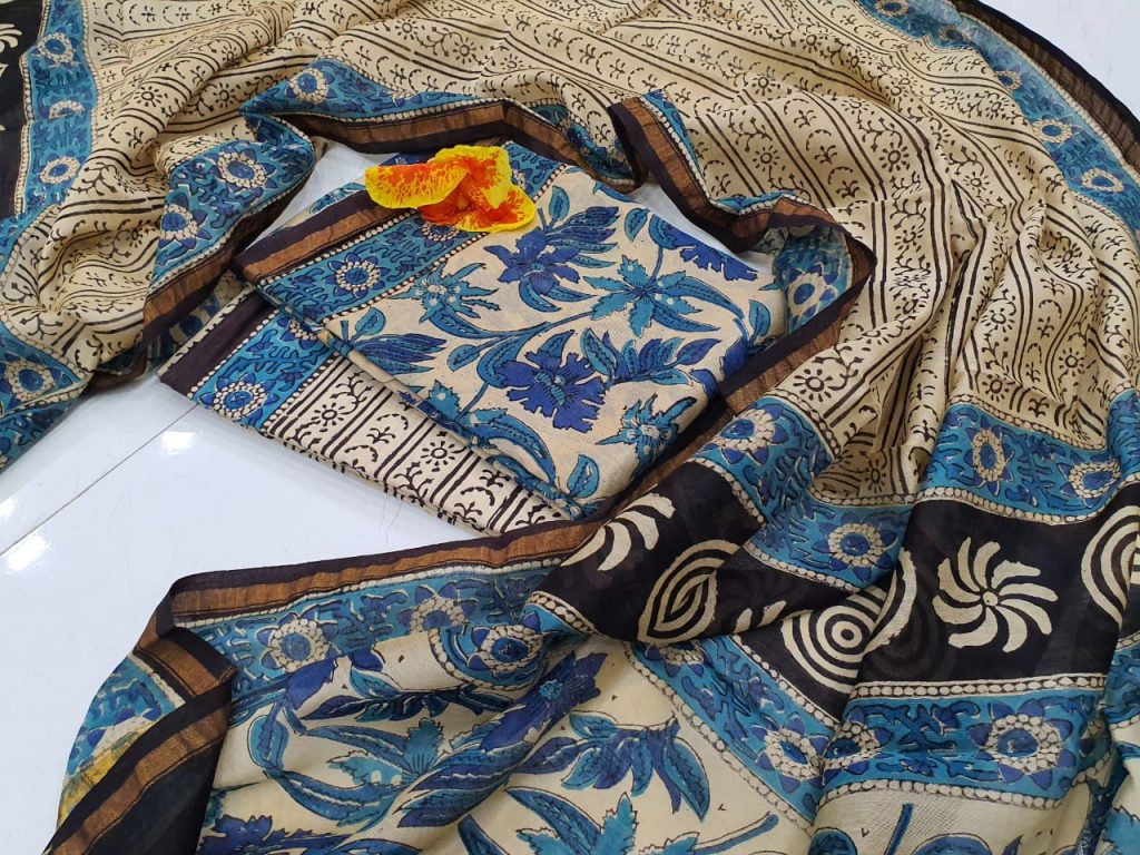 Superior quality Cerulean and beige chanderi salwar kameez suit