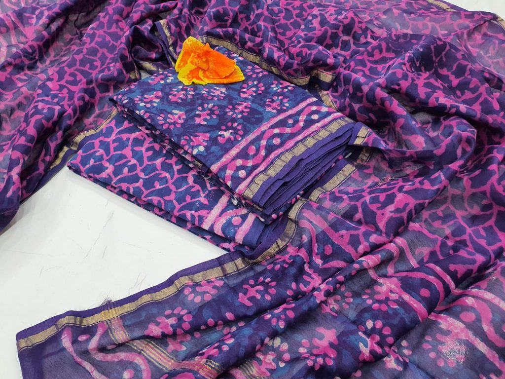Superior quality Indigo and pink chanderi salwar kameez suit