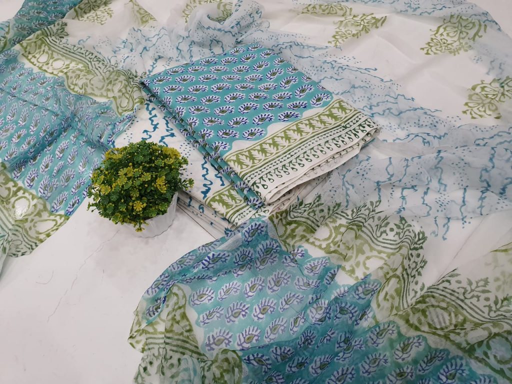 Teal and White Pure cotton suit set with chiffon dupatta