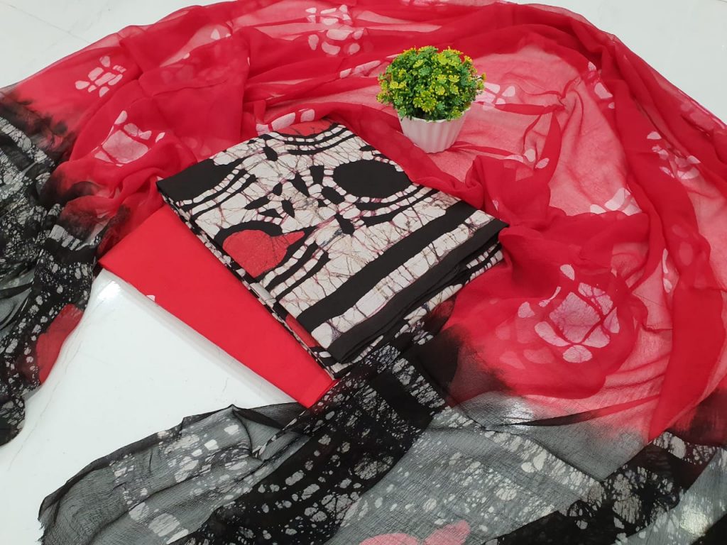 Cherry Red and black Pure cotton suit set with chiffon dupatta